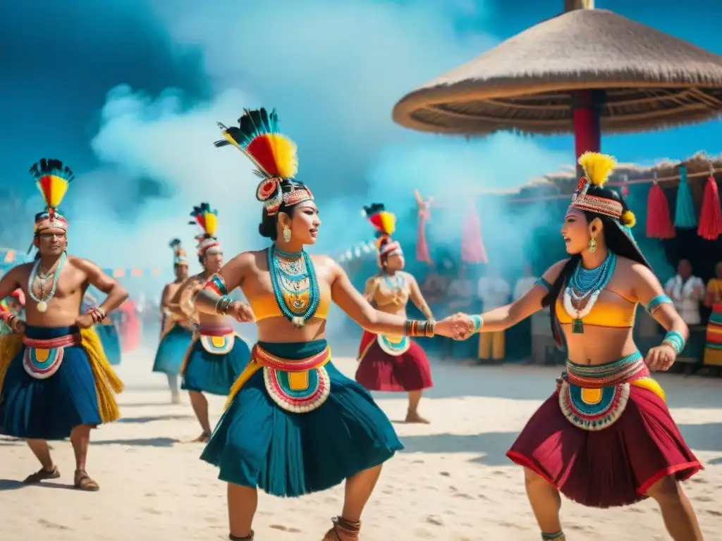 Grupo en trajes mayas coloridos bailando en festival contemporáneo bajo cielo azul