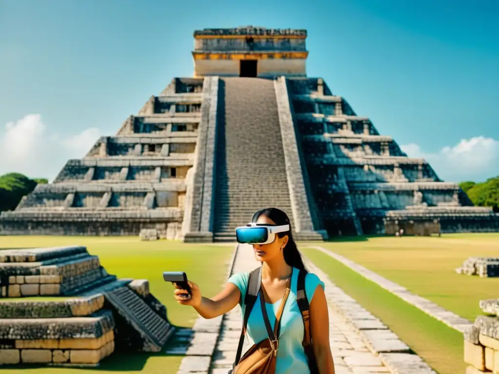 Grupo de turistas con apps de realidad aumentada en Chichén Itzá fusionando pasado y presente