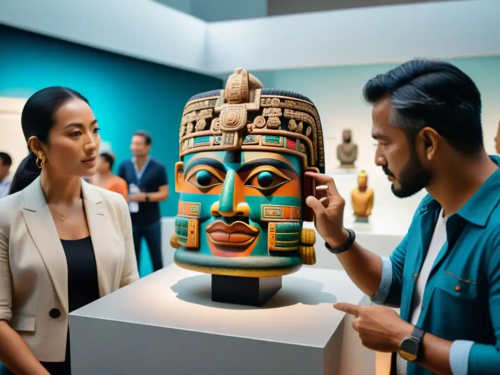 Grupo de turistas admirando réplica de arte maya, inmersos en cultura