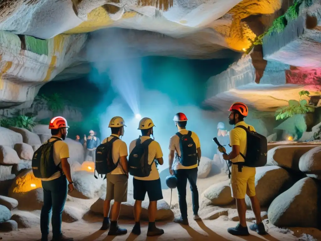 Un grupo de turistas explorando con asombro las pinturas mayas en frescos subterráneos