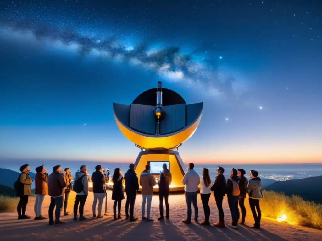 Un grupo de turistas observa el cielo nocturno con un telescopio digital en un observatorio de astronomía cultural