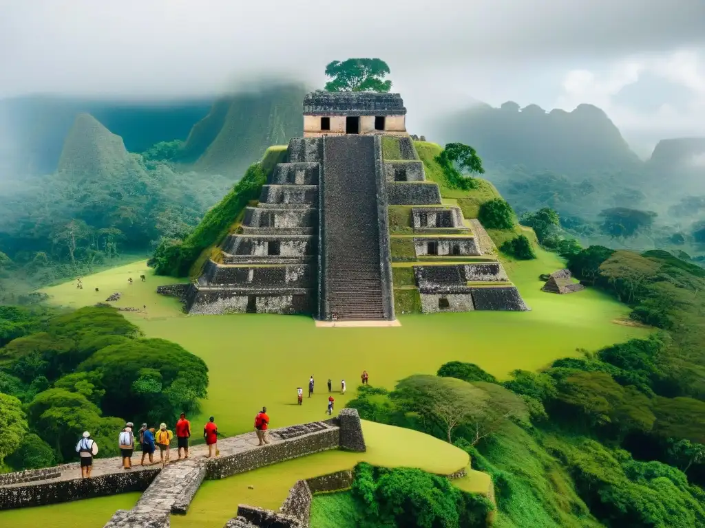 Un grupo de turistas diverso explora las ruinas del Castillo Xunantunich con un guía, aprendiendo sobre su historia y cultura