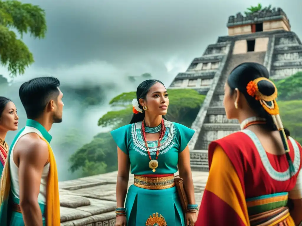 Grupo de turistas entusiastas participando en taller educativo sobre técnicas de educación turística maya, junto a réplica maya