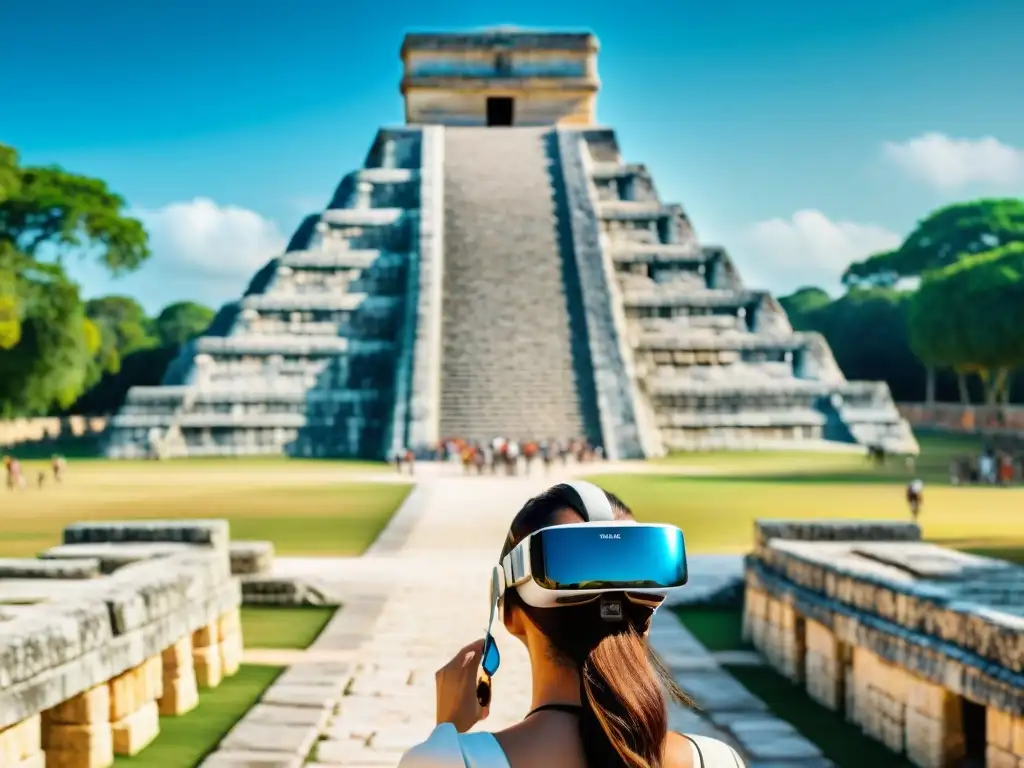 Un grupo de turistas con gafas de realidad aumentada explorando Chichén Itzá, fusionando tecnología y antigüedad