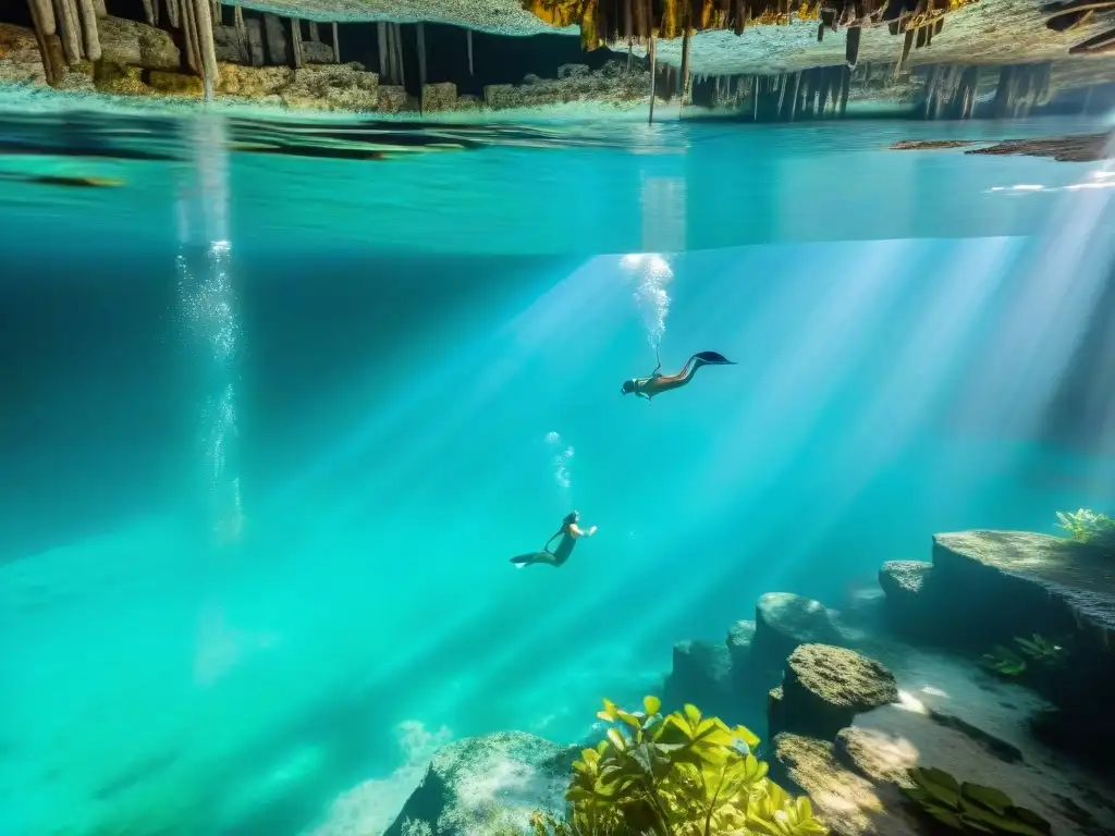 Un grupo de turistas escucha atentamente a un guía maya en un cenote, rodeados de naturaleza exuberante