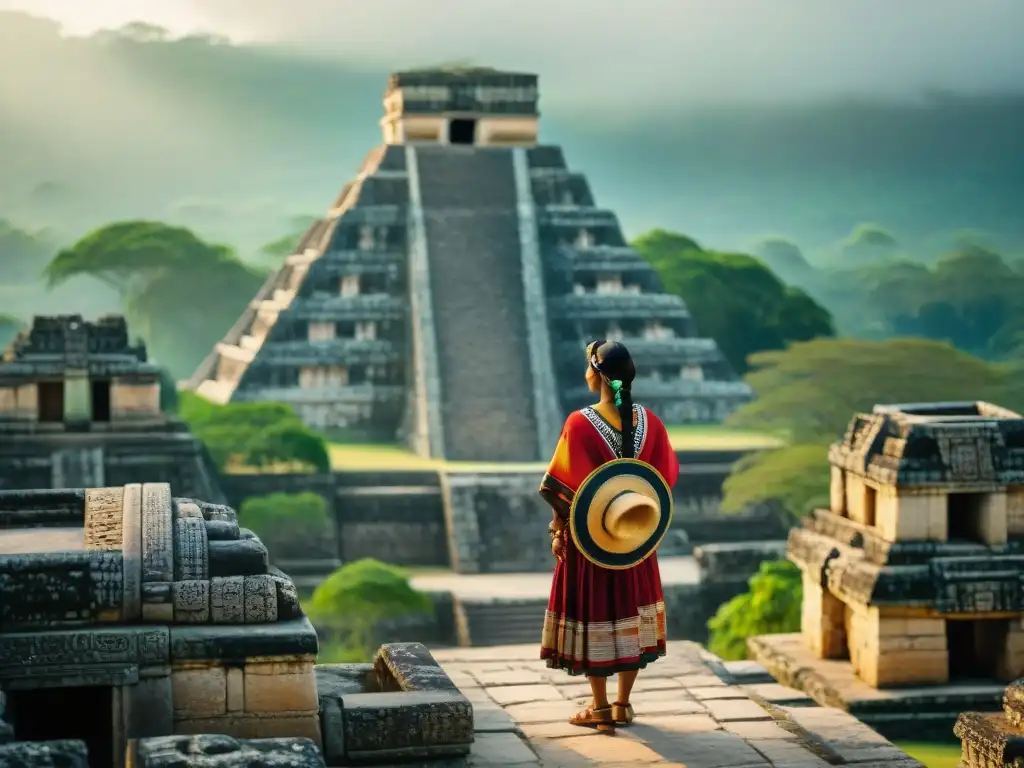 Grupo de turistas con joyas mayas inspiradas escuchando a un guía en ruinas mayas, inmersos en educación y turismo