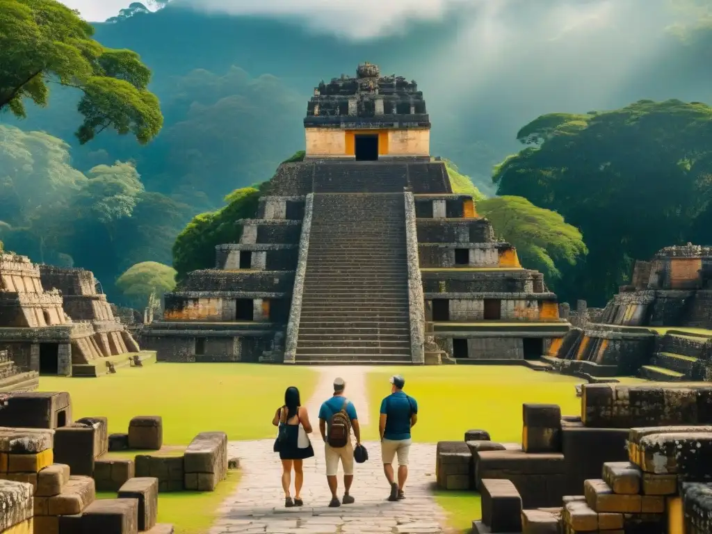 Grupo de turistas sigue guía local entre ruinas de Copán, con monumentos y jeroglíficos