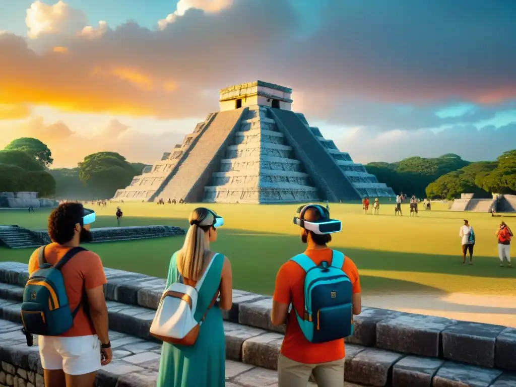 Grupo de turistas maravillados con holograma de Chichén Itzá usando apps realidad aumentada