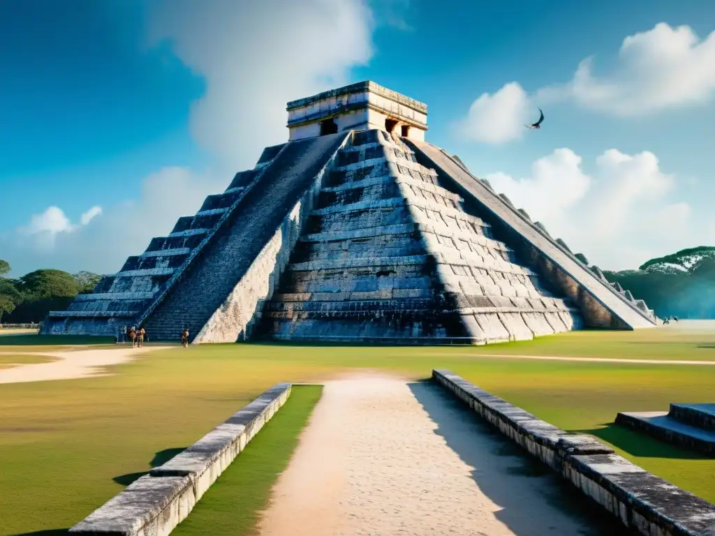 Grupo de turistas maravillados frente al impresionante templo maya de Kukulkán, serpiente emplumada