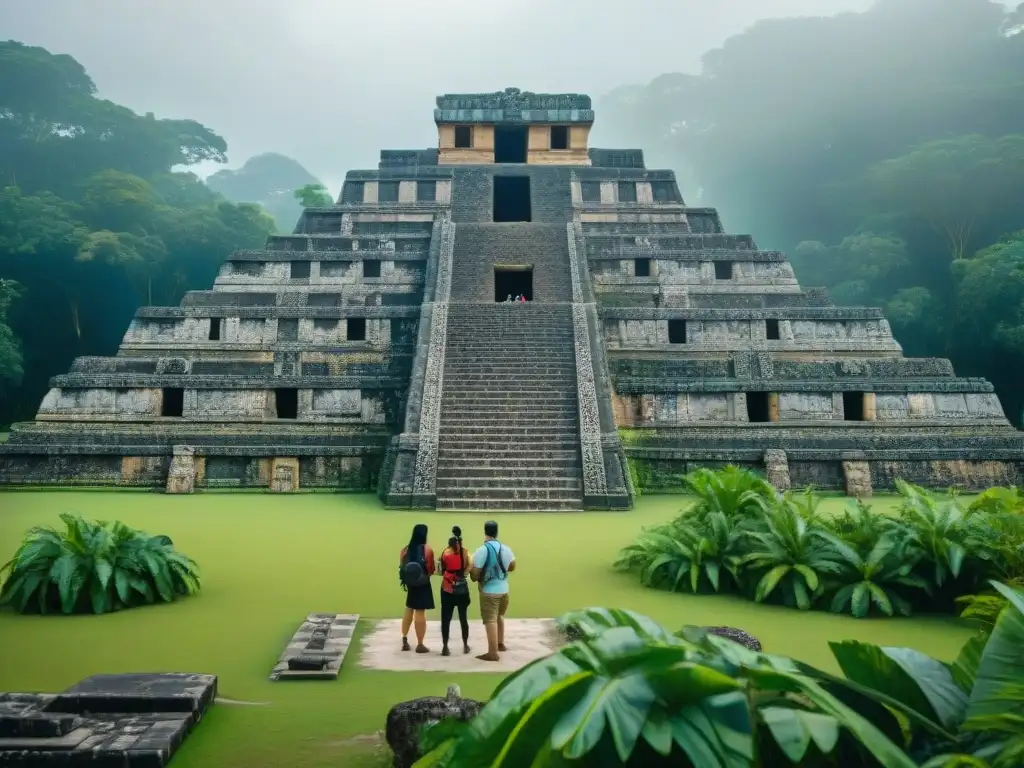 Grupo de turistas explorando réplica de sitio arqueológico maya con guía experto