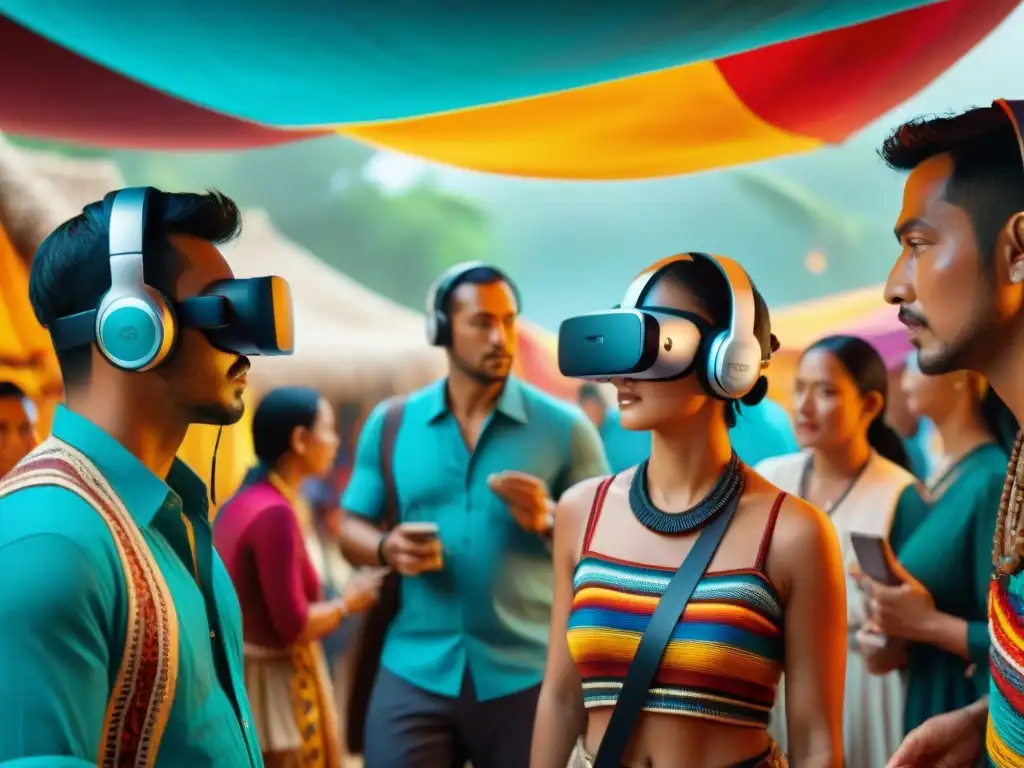 Grupo de turistas disfrutan del Sonido 3D en cultura maya en mercado virtual vibrante y bullicioso