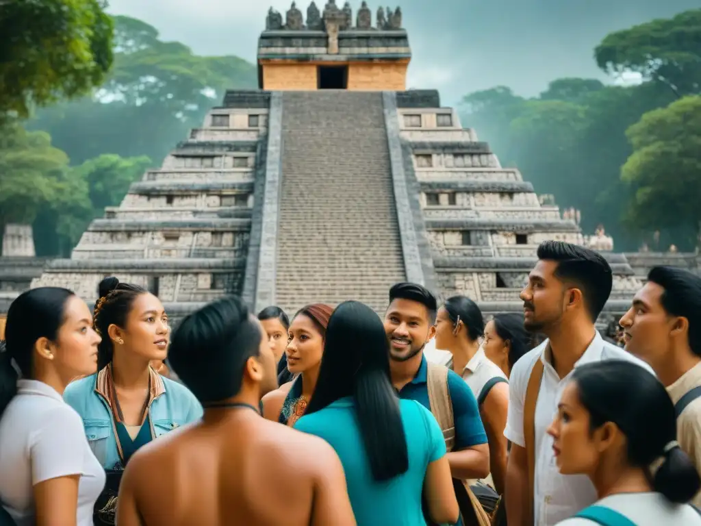 Grupo variado de estudiantes admirando réplica detallada de templo maya en clase de educación cultural