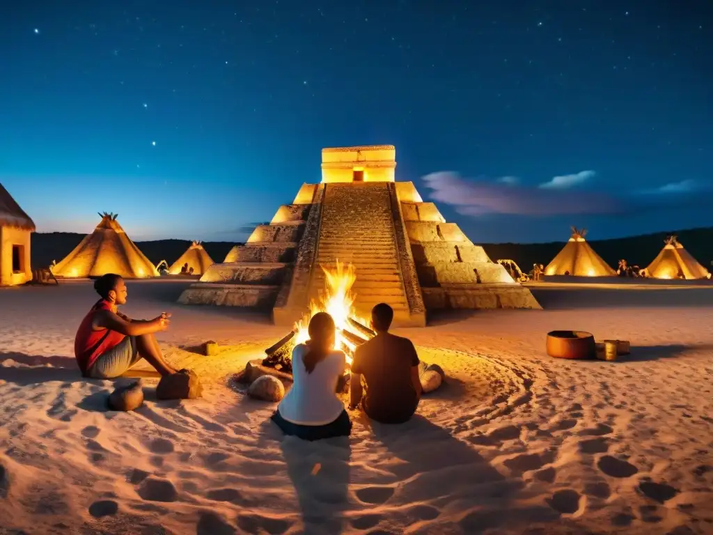 Un grupo de viajeros disfruta de una experiencia de glamping en zonas arqueológicas mayas, reuniéndose alrededor de una fogata en la noche estrellada