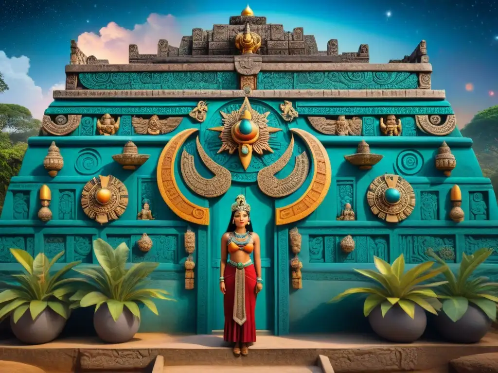 Guardianes divinos de la civilización maya en mural celestial vibrante y detallado