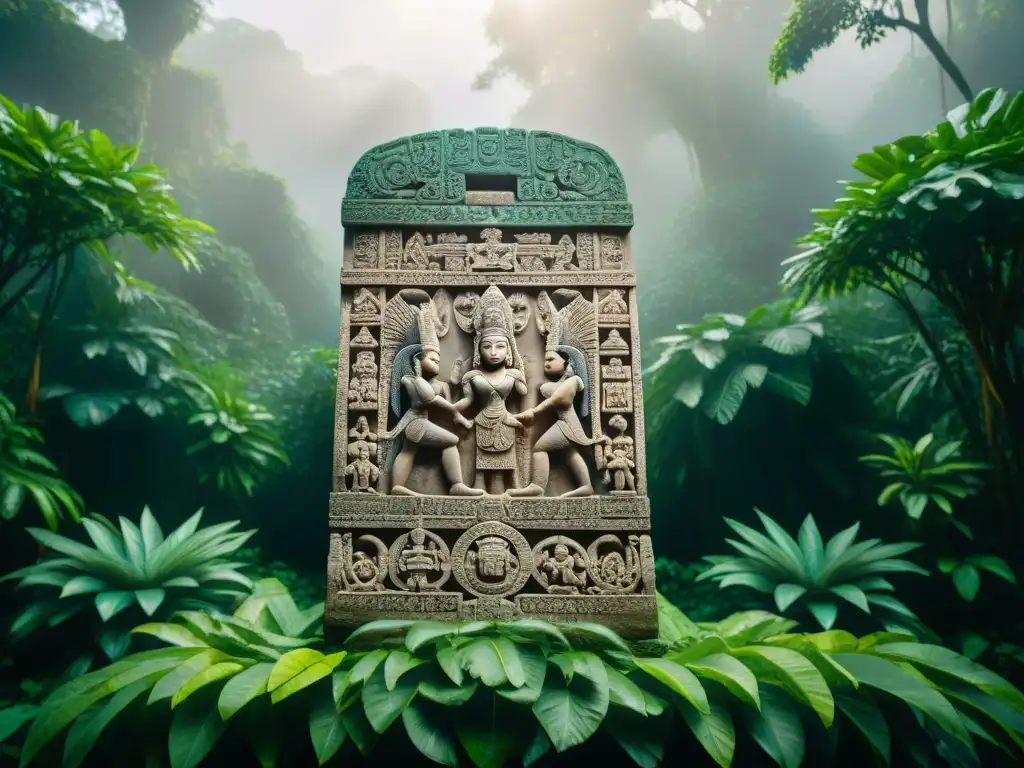 Guardianes divinos de la civilización maya tallados en estela detallada, envueltos por la selva exuberante