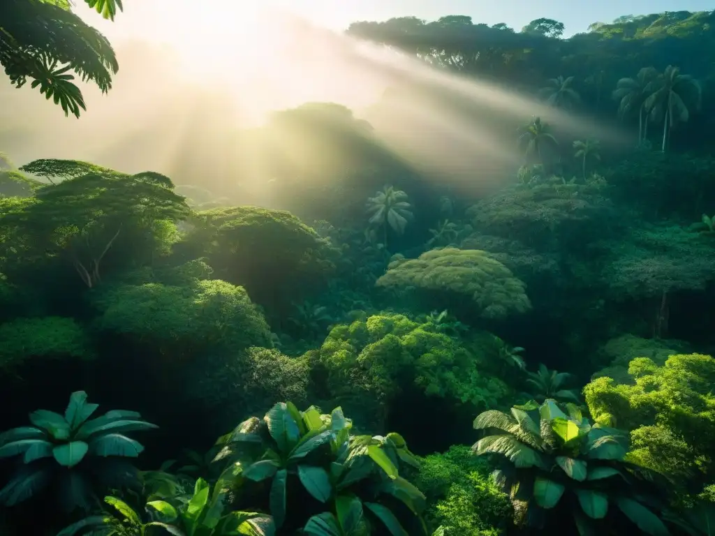 Espíritus guardianes de la naturaleza maya vigilan las ruinas entre la exuberante vegetación y los rayos de sol en la selva del Yucatán