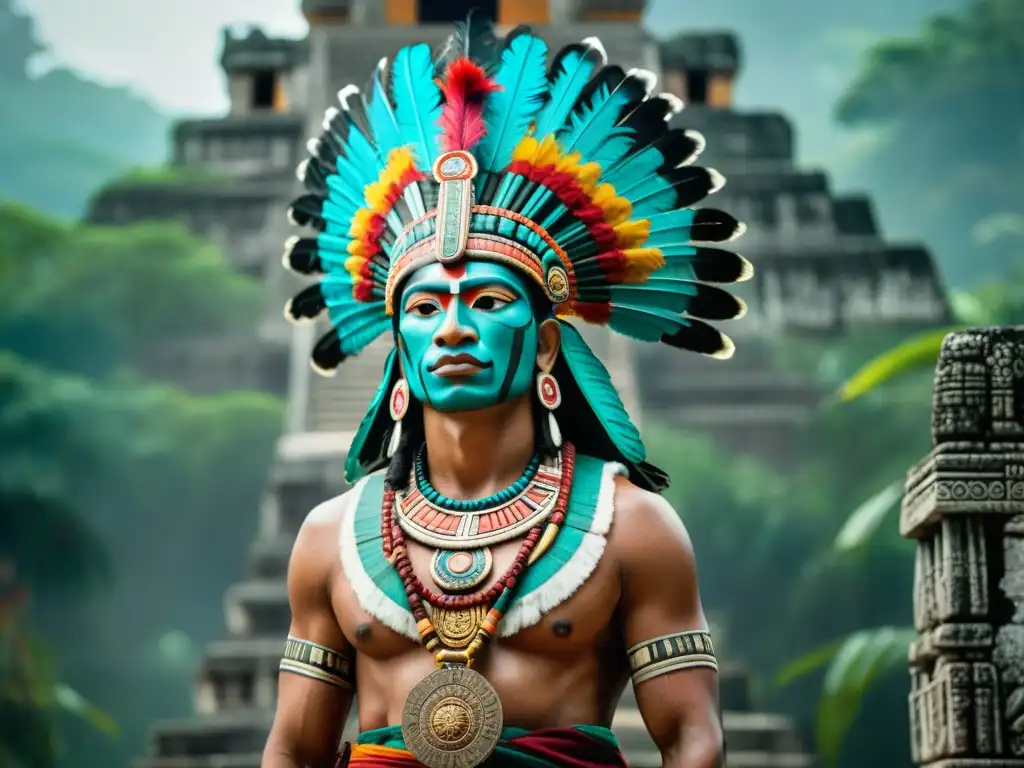 Un guerrero maya en una antigua selva, con headdress de plumas y pintura de guerra, evocando guerra y honor en civilización maya