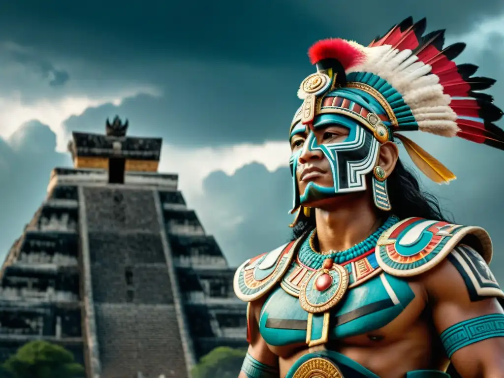 Un guerrero maya en armadura tradicional se prepara para la batalla en un templo sagrado, con un cielo tormentoso de fondo