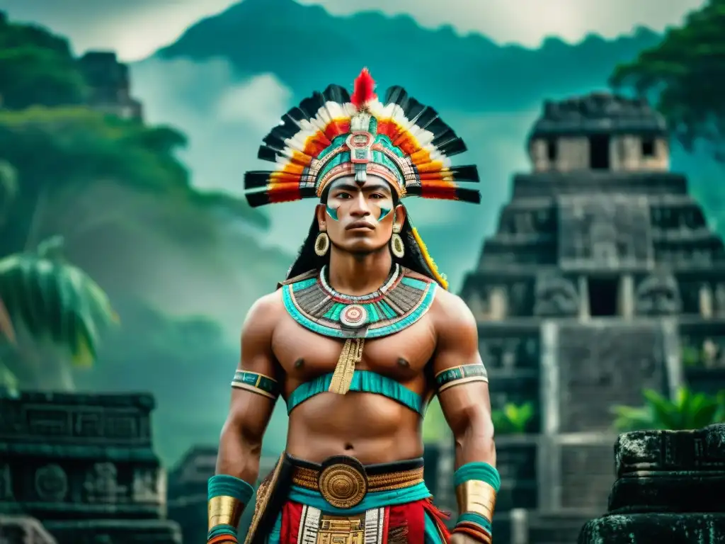Un guerrero maya en atuendo tradicional, mostrando fuerza y enfoque frente a ruinas antiguas