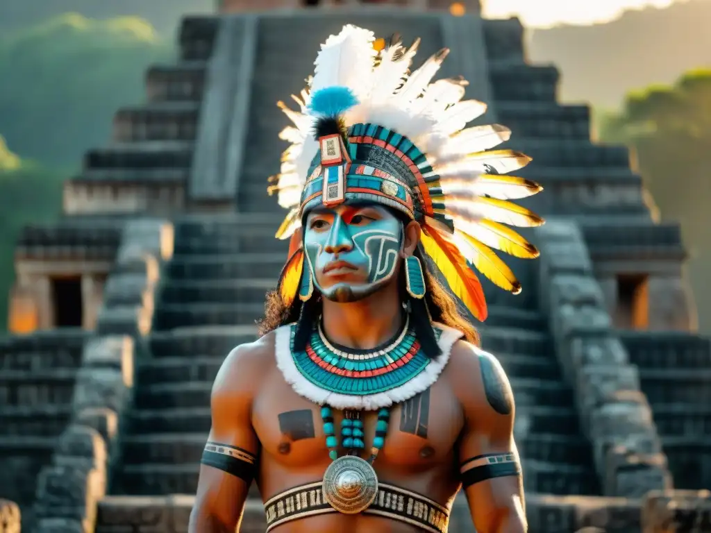 Guerrero maya con atuendo tradicional en ruinas al atardecer, reflejando las Danzas de Guerra Mayas