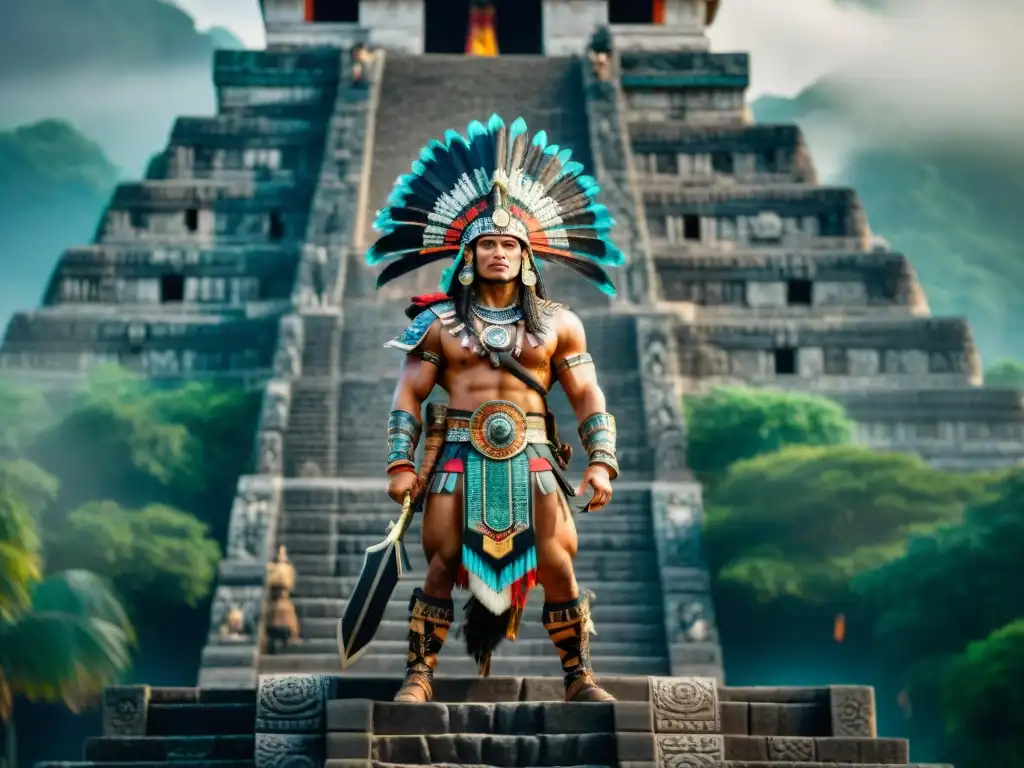 Guerrero maya defiende su ciudad estado con espada de jade sobre pirámide