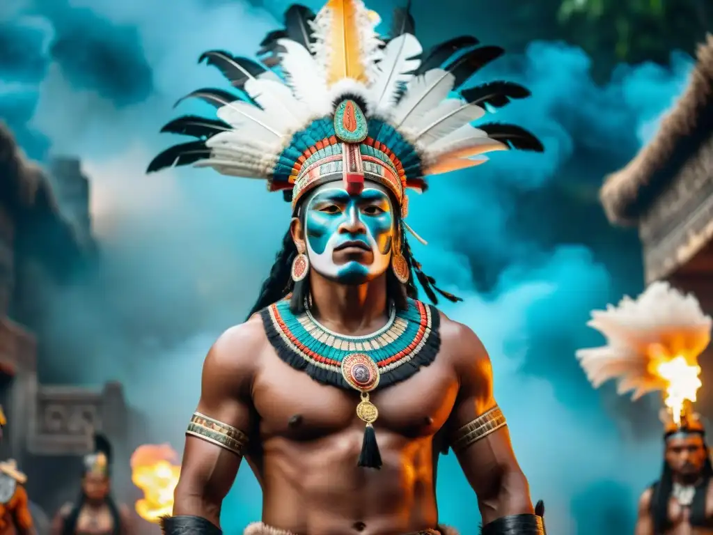 Un guerrero maya en danza de guerra ceremonial, con atuendo vibrante y expresión intensa, en un místico escenario