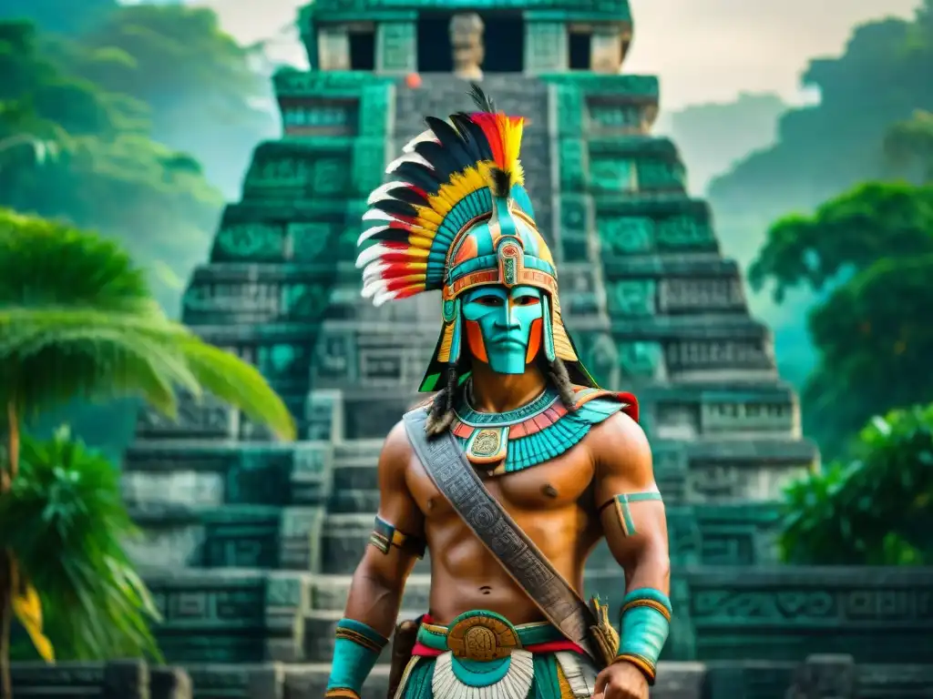 Un guerrero maya con espada y pluma frente a un templo de piedra, representando la documentación guerras códices mayas