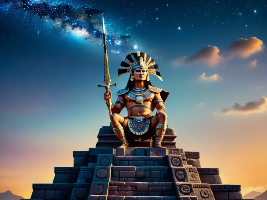 Guerrero maya en pirámide al anochecer, con armadura y arma, mirando las estrellas