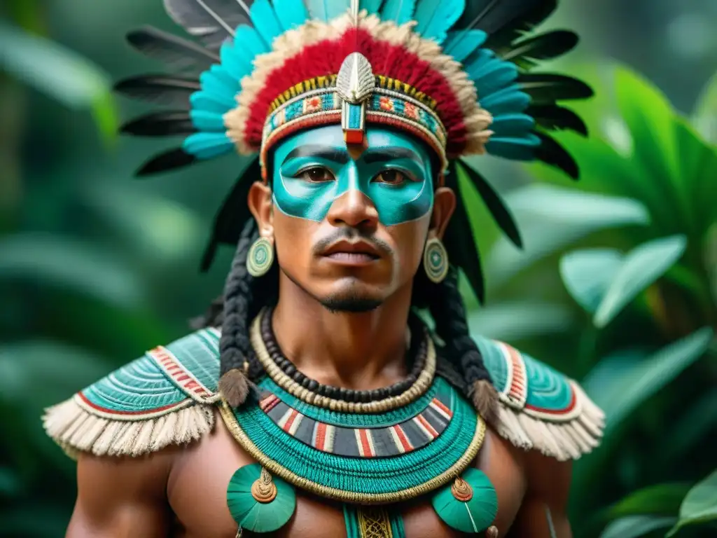 Un guerrero maya con rostro pintado y armadura tradicional, listo para la batalla en la jungla