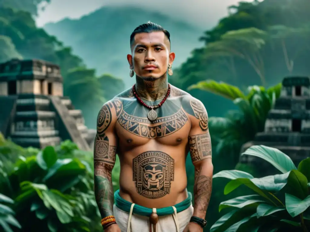 Guerrero maya con tatuajes simbólicos en la selva: significados modificaciones corporales sociedad maya