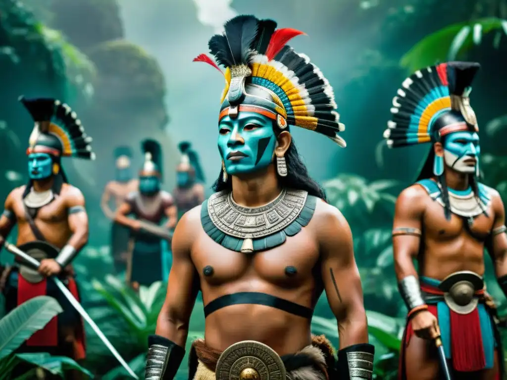 Guerreros mayas en batalla, con pintura corporal, tocados de plumas y armas de obsidiana, en medio de la jungla y ruinas de templos