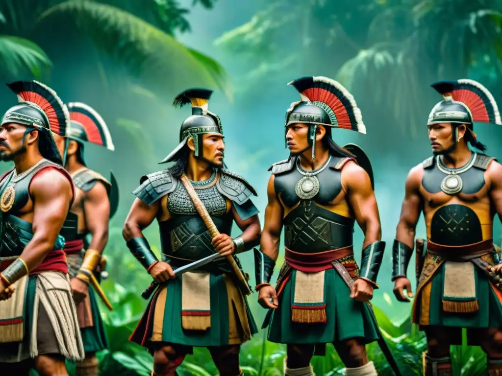 Entrenamiento estratégico de guerreros mayas en la selva Guerreros mayas entrenando estrategias en la jungla con armas tradicionales