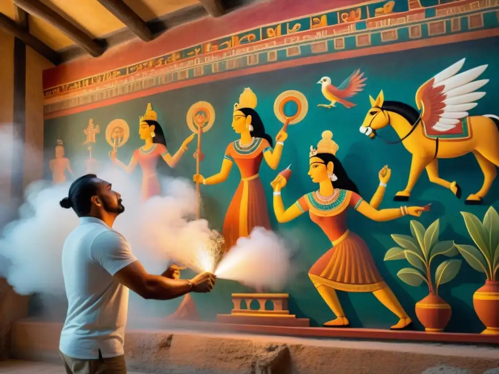 Un hábil artesano restaura con delicadeza un vibrante mural maya en un templo antiguo