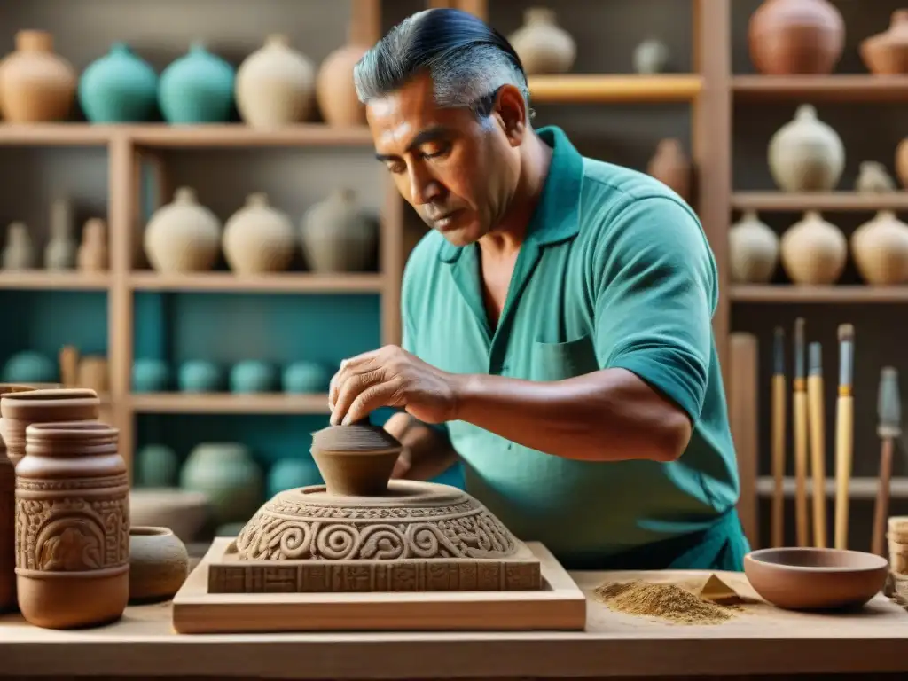 Un hábil artesano restaura con delicadeza una vibrante y detallada obra de arte maya, destacando la restauración de arte maya tradicional