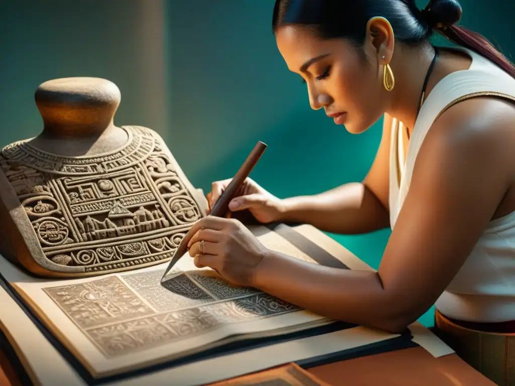 Un hábil artesano maya restaurando un antiguo códice con delicadeza, resaltando la importancia de los códices mayas