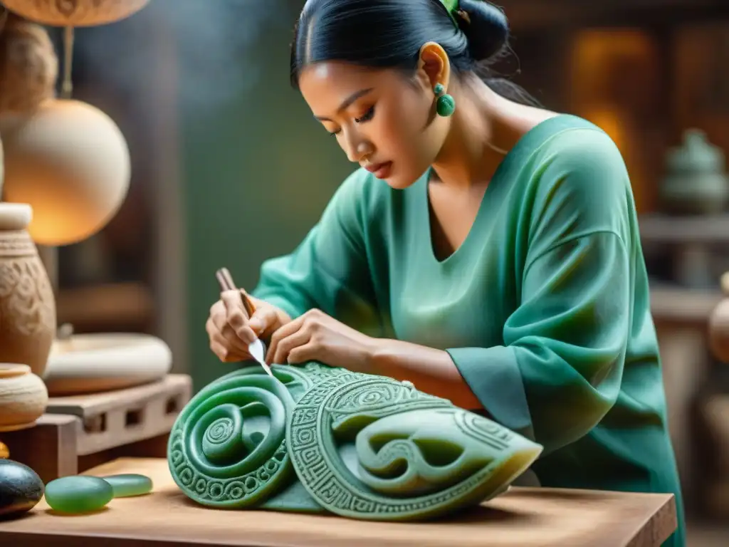 Un hábil artesano talla una réplica maya en jade, destacando la artesanía y detalle