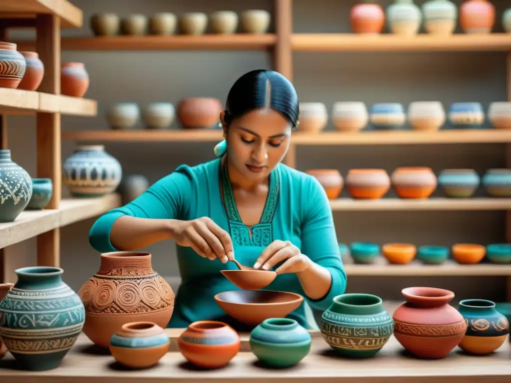 Un hábil artesano maya en la cultura viva del tiempo, tallando diseños en cerámica