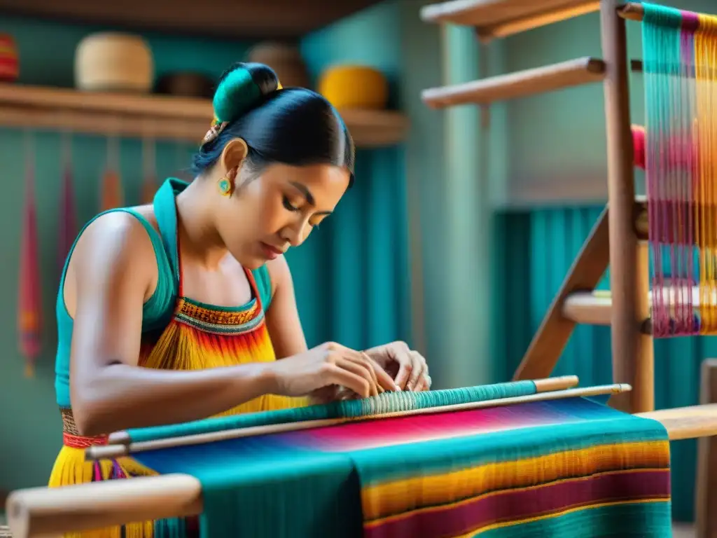 Un hábil artesano maya teje un diseño textil tradicional en un telar de cintura, mostrando simbolismo y funcionalidad