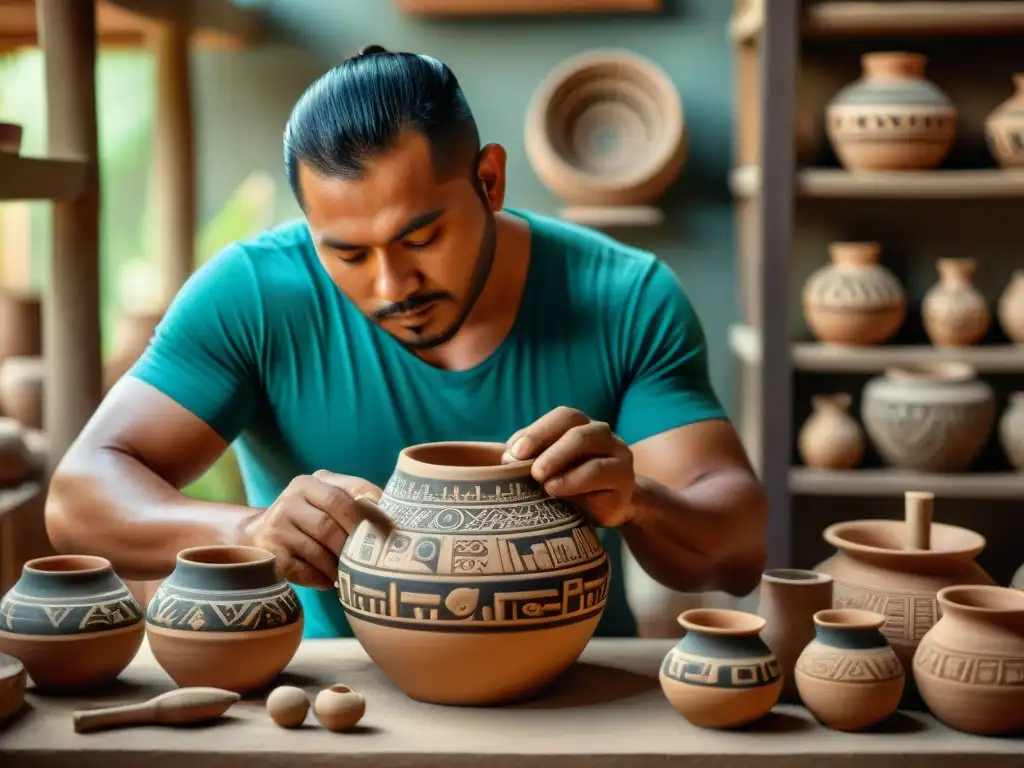 Un hábil artesano maya crea una exquisita vasija cerámica, reflejando la herencia cultural de los Estudios cerámica orfebrería maya