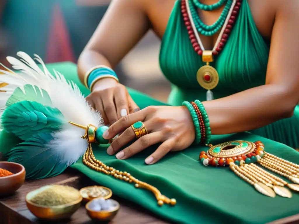 Un hábil artesano maya elaborando joyas con influencias culturales, rodeado de plumas y gemas