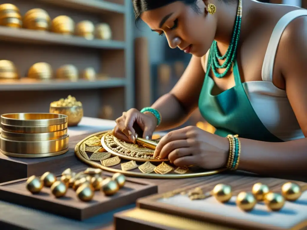 Un hábil artesano maya elabora joyería de oro con técnicas tradicionales rodeado de herramientas y materiales preciosos