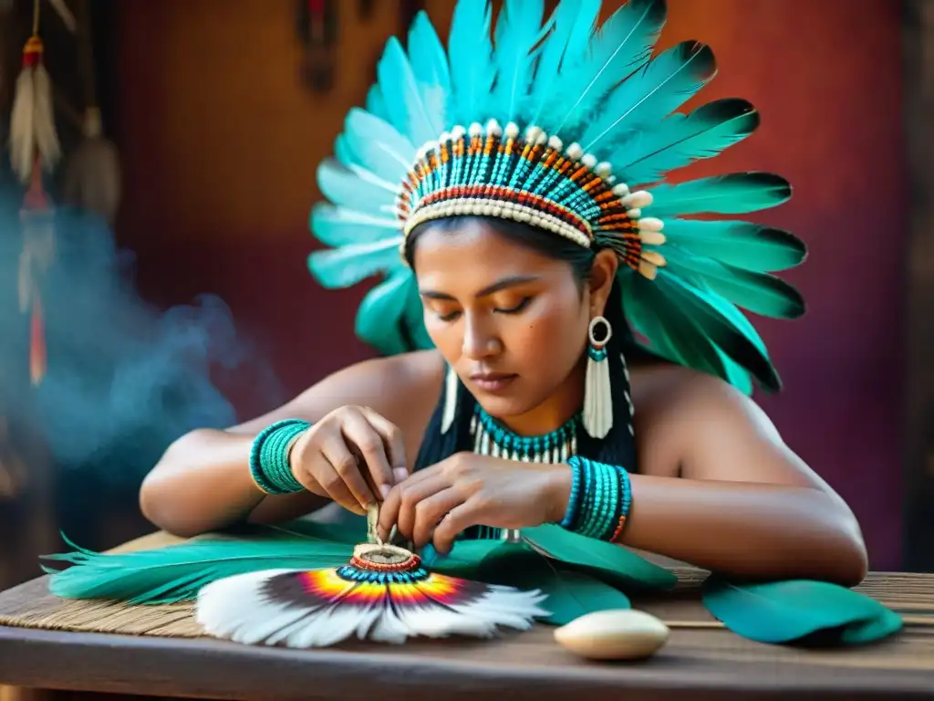 Un hábil artesano maya tejiendo plumas vibrantes en un tocado ceremonial, resaltando la tradición de adornos orgánicos en la cultura maya