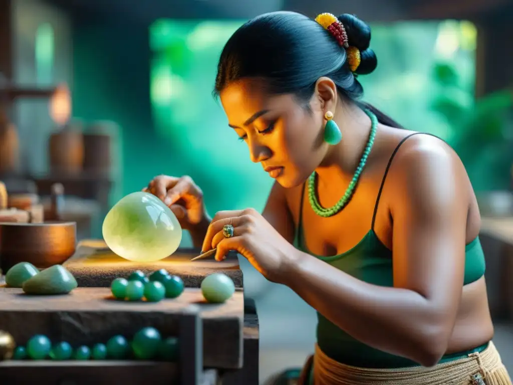 Un hábil artesano maya talla jade para crear joyas mayas técnicas tradicionales, fusionando tradición e innovación