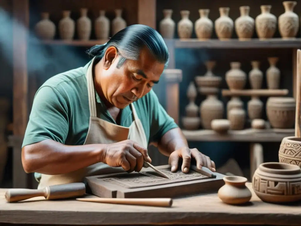 Un hábil artesano maya talla con maestría una réplica de un artefacto maya tradicional en su taller rústico