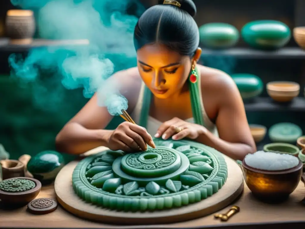 Un hábil artesano maya talla diseños en jade, rodeado de herramientas y materiales para joyería en la civilización maya