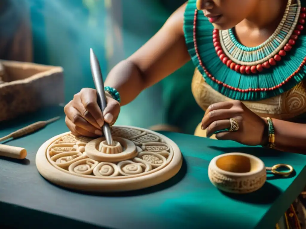 Un hábil artesano maya talla diseños en hueso para crear joyería única, mostrando la artesanía de la joyería maya con huesos y dientes