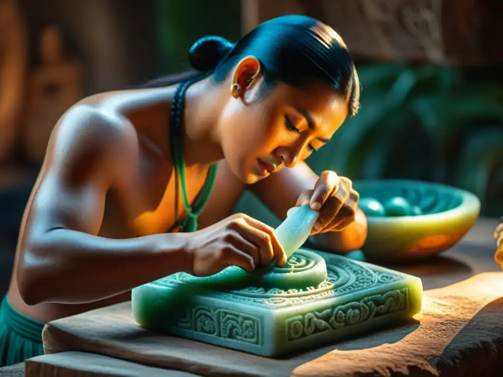 Un hábil artesano maya talla diseños en jade, reflejando la artesanía y cultura maya