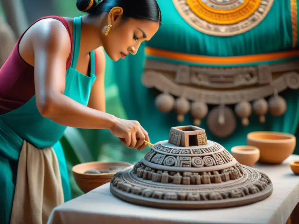 Un hábil artesano crea réplicas mayas educativas turismo cultural en un bullicioso centro cultural maya