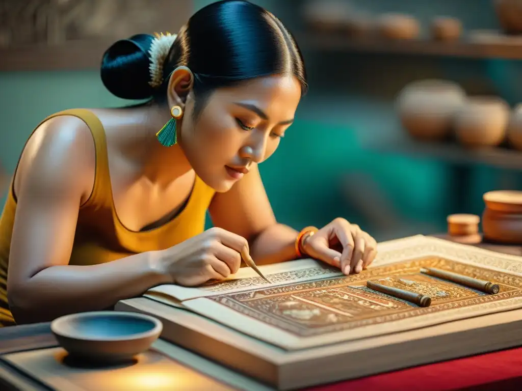 Un hábil artesano crea réplicas mayas en un taller histórico, inmerso en arte y cultura