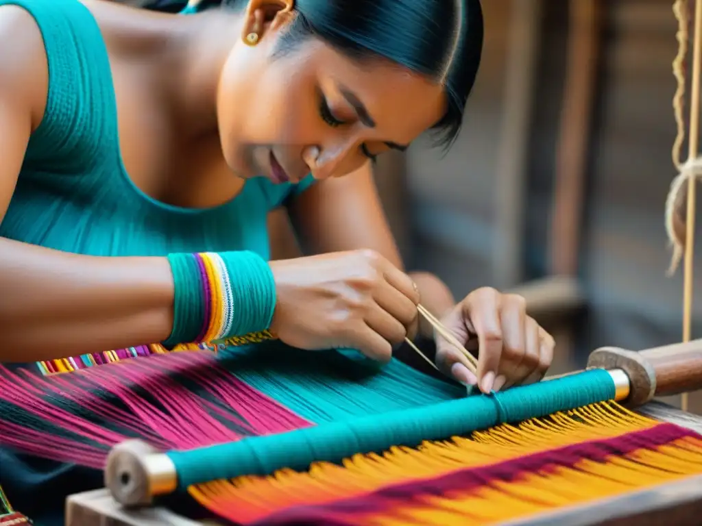 Una hábil mujer maya teje en un telar de cintura, creando un hermoso textil lleno de simbolismo y tradición textil maya